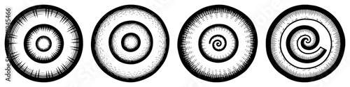 Set of four circular abstract symbols with spirals and concentric rings in vintage woodcut style
