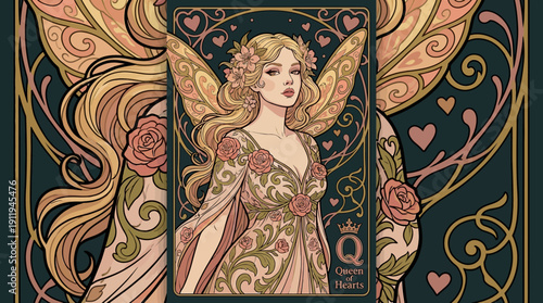 Art Nouveau Queen of Hearts Fairy Illustration with Roses and Wings