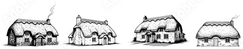 Collection of rustic hand drawn english cottages with traditional thatched roofs in ink style
