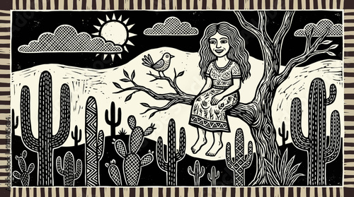 Black and White Woodcut Relief Print Illustration: Smiling Woman and Bird in Cactus Desert Landscape. Traditional Mexican Folk Art Style.