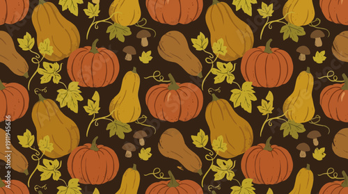 Rustic Fall Seamless Pattern with Textured Pumpkins, Gourds, Squash, Leaves, and Mushrooms on a Dark Background