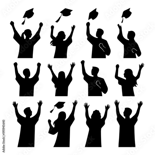 Silhouette of Success: A collection of graduating students celebrates their achievements, joyfully tossing their graduation caps into the air. Capturing the essence of education, ambition.