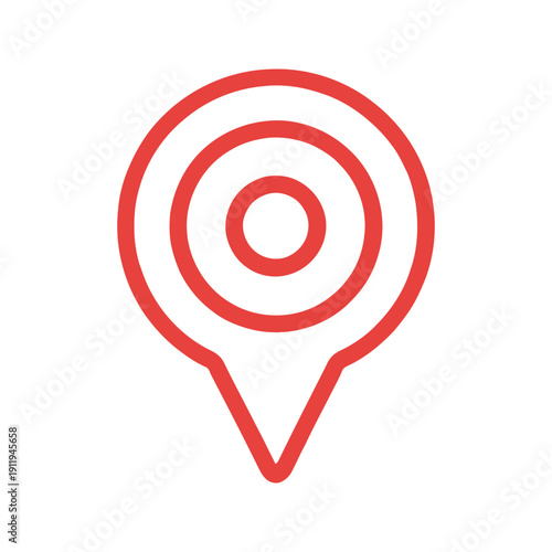 Red map pin with concentric circles icon for location, pointer, navigation, or target concept. Simple linear vector illustration