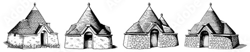 Hand drawn collection of traditional trulli houses with conical stone roofs from italy