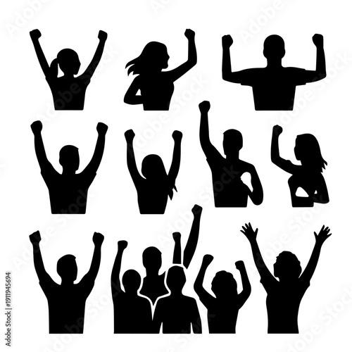 Silhouette Crowd's Cheer: An array of dynamic silhouettes of individuals, their arms raised in triumphant celebration, representing unity and jubilation. 