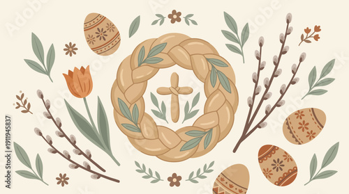 Folk Art Easter Illustration: Braided Wreath with Cross, Decorated Eggs, Pussy Willow, and Spring Tulip. Christian Holiday Background in Earthy Boho Style.