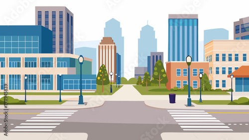 A vibrant cityscape illustration showing buildings trees sidewalks and crosswalks along a wide avenue