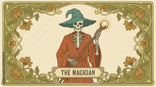 Art Nouveau Skeleton Magician Tarot Card. Vintage Occult Wizard Illustration with Floral Frame.