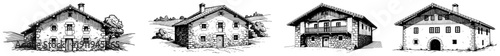 Set of traditional European stone cottages and rustic farmhouses in hand drawn vintage engraving style