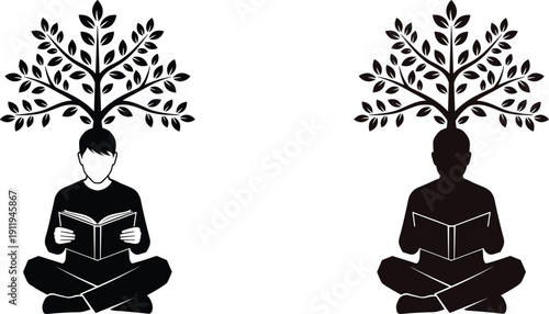 Silhouette, of, a, person, sitting, cross, legged, reading, a, book, with, a, tree, growing, from, their, head, knowledge, concept, vector