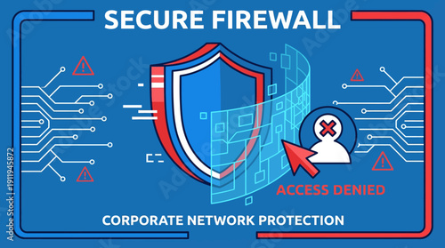 Secure Firewall and Corporate Network Protection. Digital Security Shield Illustration Showing Access Denied, Data Defense, and Cyber Intrusion Blockade.