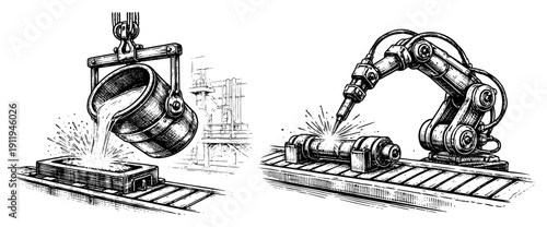 Hand drawn vintage engraving illustration of industrial foundry process with molten metal pouring and automated robotic welding arm
