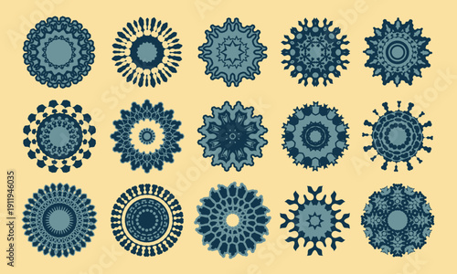 Fifteen mandalas with monochrome ornamentation. Original design solutions for round decorative compositions. Vector set