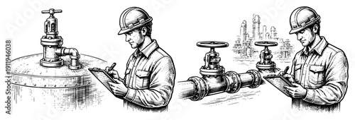 Vintage engraving style illustration of industrial workers with hard hats and clipboards inspecting pipelines and oil refinery equipment