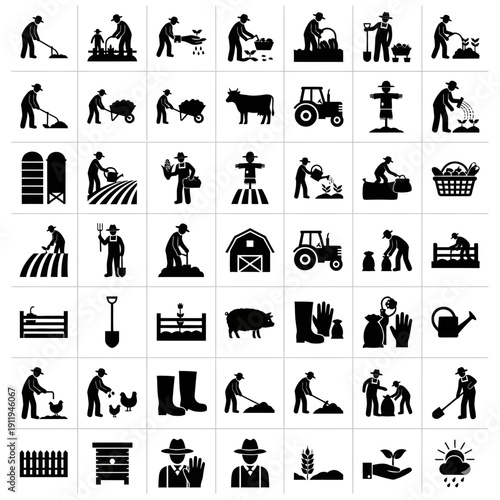 Farm Life Iconography: A comprehensive collection of simplified black icons illustrating various farm activities and elements, capturing the essence of agricultural life.
