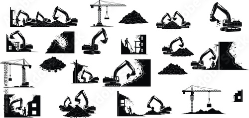 Set of black construction equipment silhouettes including excavators cranes and demolition machinery icons isolated on white background for industrial building design