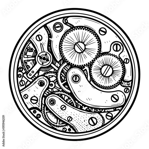 Detailed clock mechanism with gears and cogs in vintage engraving woodcut style