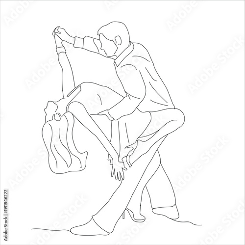 Single continuous line drawing married couple dancing on the dance floor. Like a seduction movement to the beloved wife. Romantic dance. International Dance Day. One line design vector illustration.