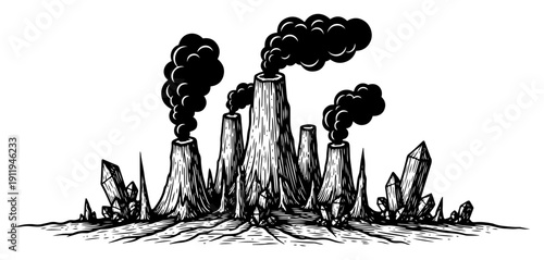 Industrial factory chimneys with thick smoke surrounded by crystal rocks in hand drawn style