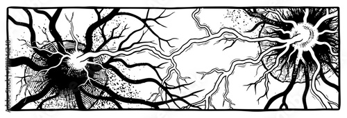 Abstract organic roots or neural networks expanding from dark circular cores in sketch style