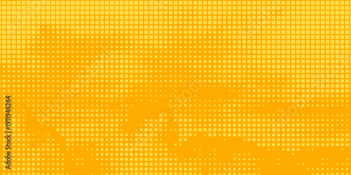 Yellow halftone pattern. Retro comic gradient background. Bright orange pixelated dotted texture overlay. Cartoon pop art faded gradient pattern. Vector backdrop for poster, banner, advertisement