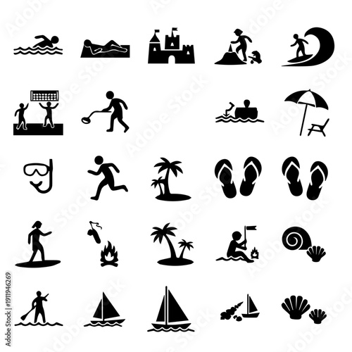 Beach Icons: A collection of captivating icons showcases various beach activities and elements, inviting viewers to explore the essence of a perfect seaside experience.