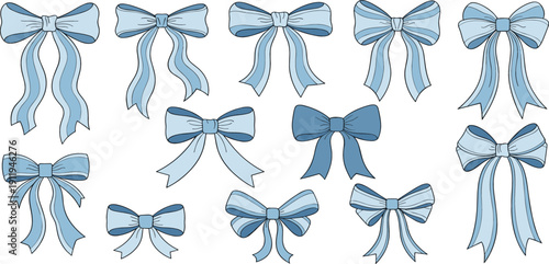 Light blue ribbon bows illustration set – elegant decorative bows with flowing tails, cute pastel bow collection in flat cartoon style, isolated on white background