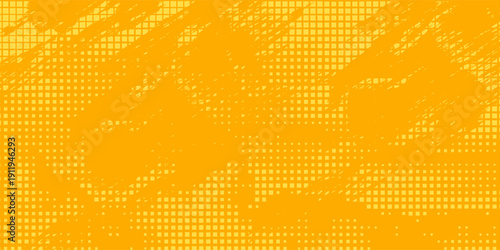 Yellow halftone pattern. Retro comic gradient background. Bright orange pixelated dotted texture overlay. Cartoon pop art faded gradient pattern. Vector backdrop for poster, banner, advertisement