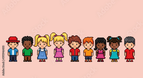 Diverse group of cartoon children standing together in a line.