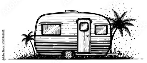 Vintage travel trailer camper on tropical beach with palm trees sketch illustration
