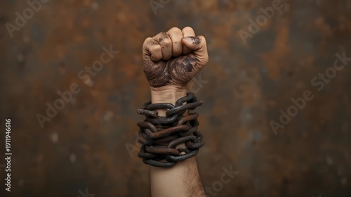 A person's dirty fist is raised against a mottled brown background, with heavy, rusted iron chains wrapped tightly around their forearm, symbolizing struggle or resistance. Freedom concept.