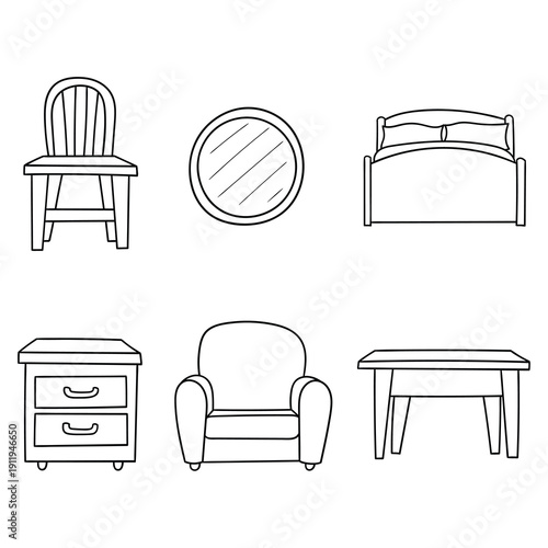 Hand-drawn doodle set of home furniture on a white background.