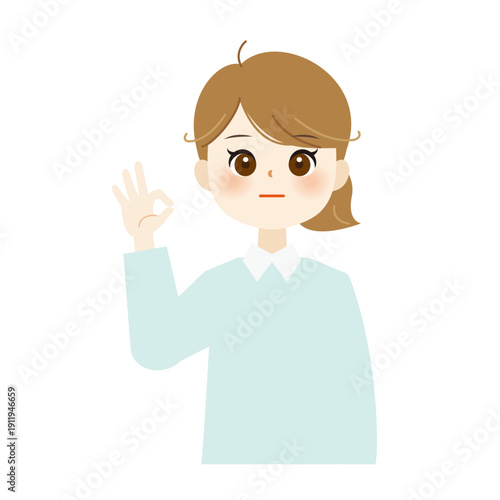 右手でOKサインをするビジネス女性のイラスト　承認・成功・安心のジェスチャー