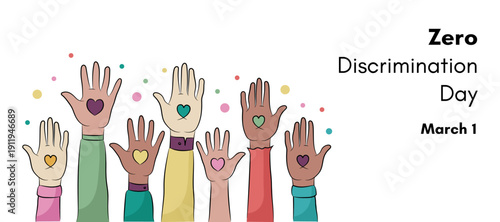 Zero Discrimination Day banner. People hands raised up with a heart symbol.