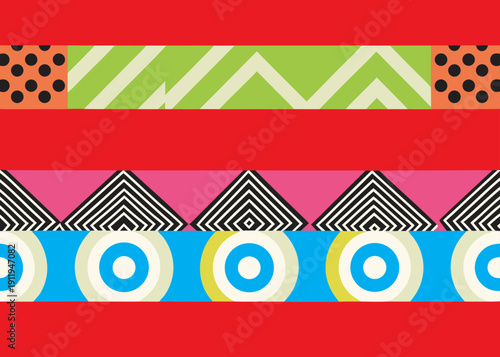 Vibrant abstract background with colorful horizontal bands featuring dots stripes and circles.