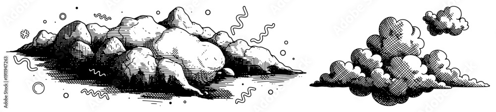Obraz premium Vintage woodcut style illustration of cumulus clouds and atmospheric formations