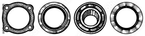 Collection of mechanical parts and industrial bearings in vintage hand drawn engraving style