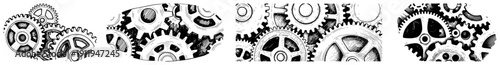 Set of horizontal strips featuring intricate clockwork gears and cogs in vintage engraving style