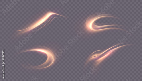 A set of golden glowing light swirls with a soft glow, abstract energy flows for overlaying visual effects.