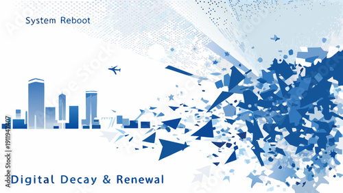 Abstract digital art depicting system reboot renewal and decay with cityscape and airplane elements