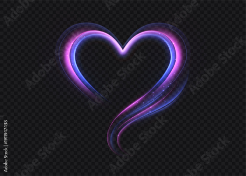 
A neon purple-blue heart outline with a glowing tail and soft motion blur, a romantic light icon for love themes. Editable scalable vector.