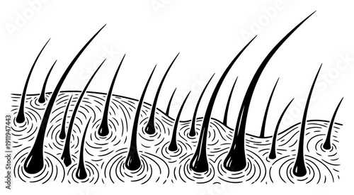 Abstract illustration of hair follicles or eyelashes growing from skin surface in ink style