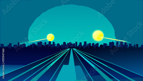 Abstract cityscape with glowing orbs and converging light streaks against a blue gradient background