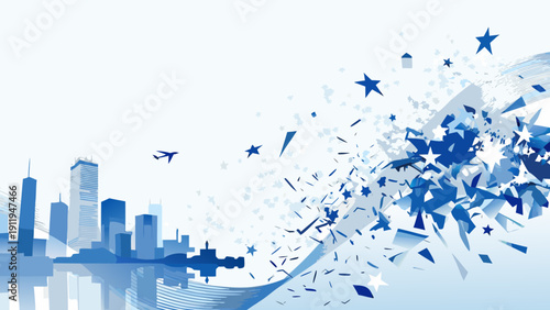 Abstract cityscape with airplane stars and dynamic blue wave like forms against a white background