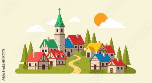 Colorful cartoon village with church and houses.