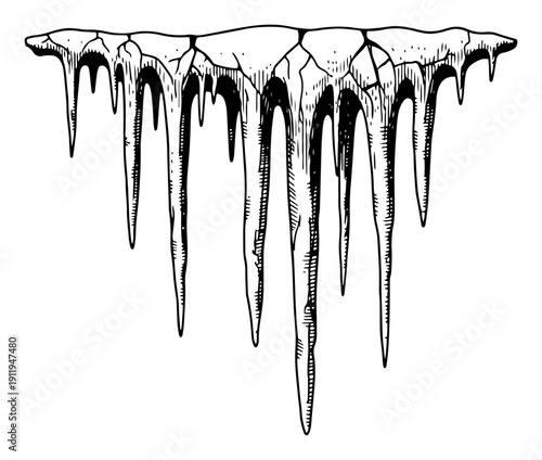 Hand drawn sharp icicles hanging from a frozen ledge in vintage ink style