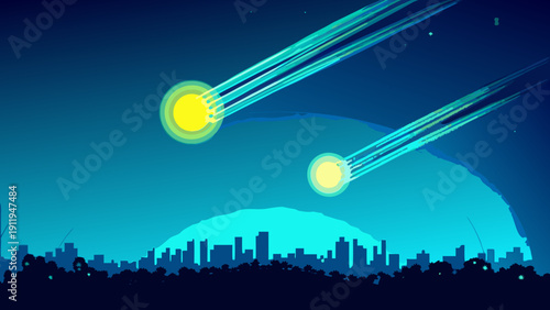 Bright yellow spheres with trails streak across a blue night sky over a silhouetted cityscape