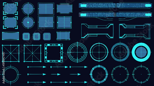 Collection of futuristic blue geometric interface elements and digital graphic overlays on dark background