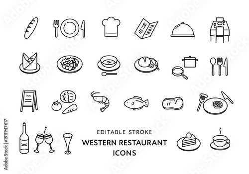 洋食店にまつわるアイコンセット（モノクロ）