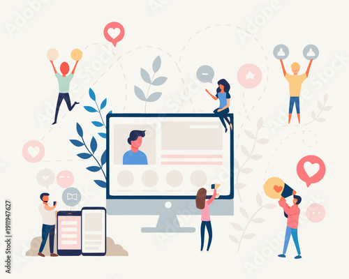 People interacting with social media on a computer and mobile devices